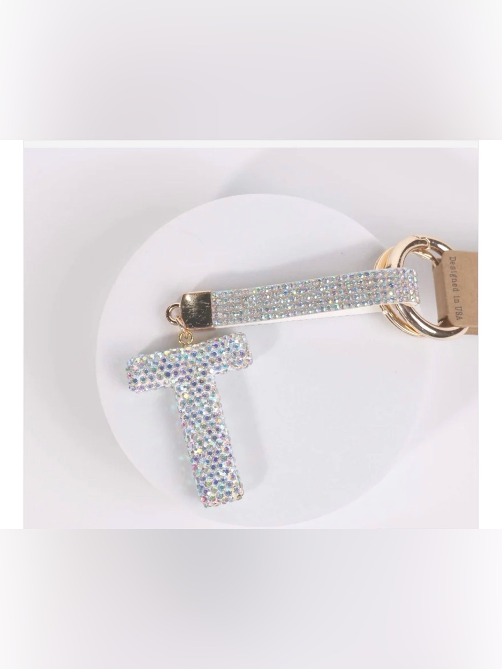 Crystal T Initial Keychain Wristlet - Sparkling White
